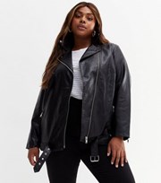 New Look Curves Black Leather-Look Belted Biker Jacket